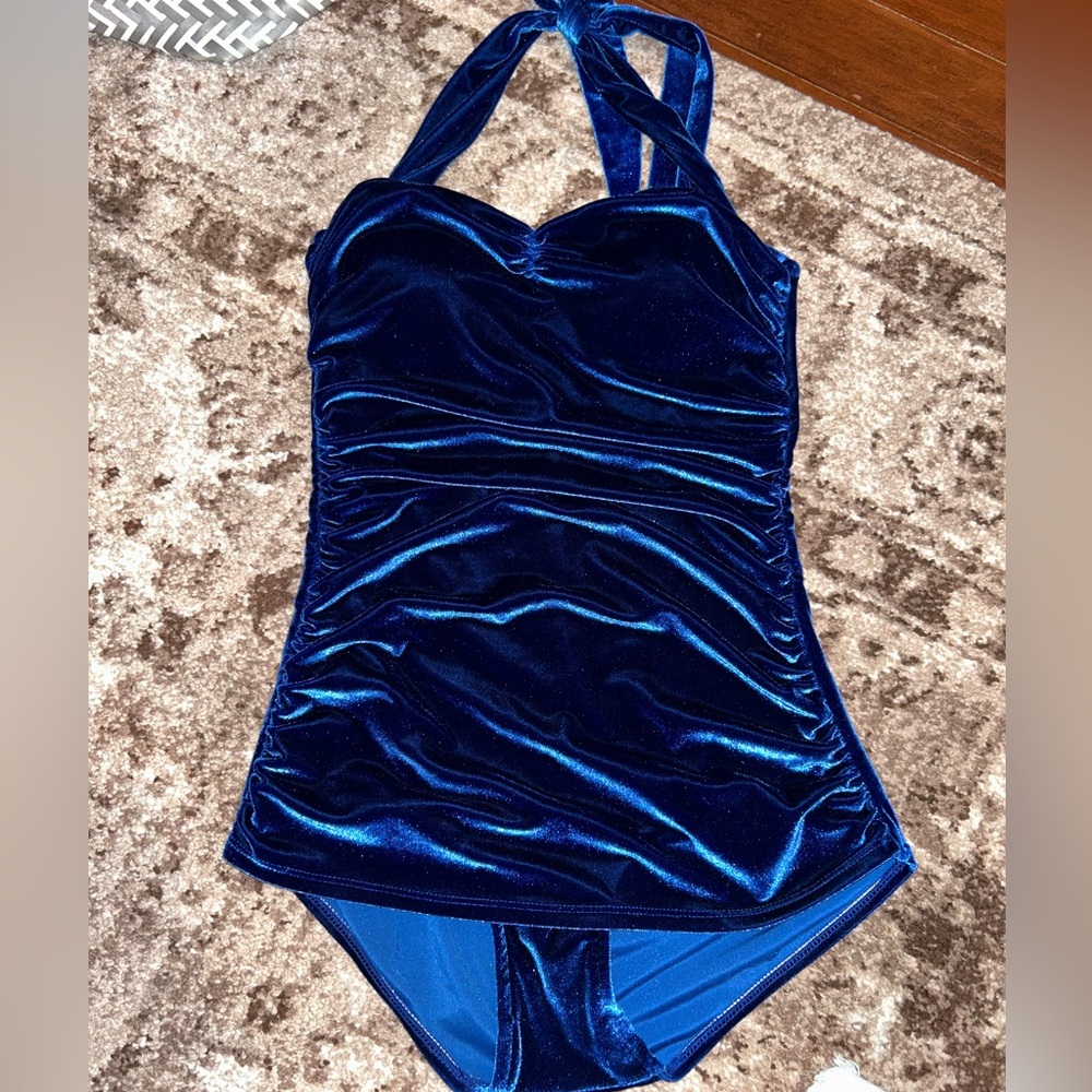 Girl Howdy Blue Velvet Retro Style Swimsuit Size L